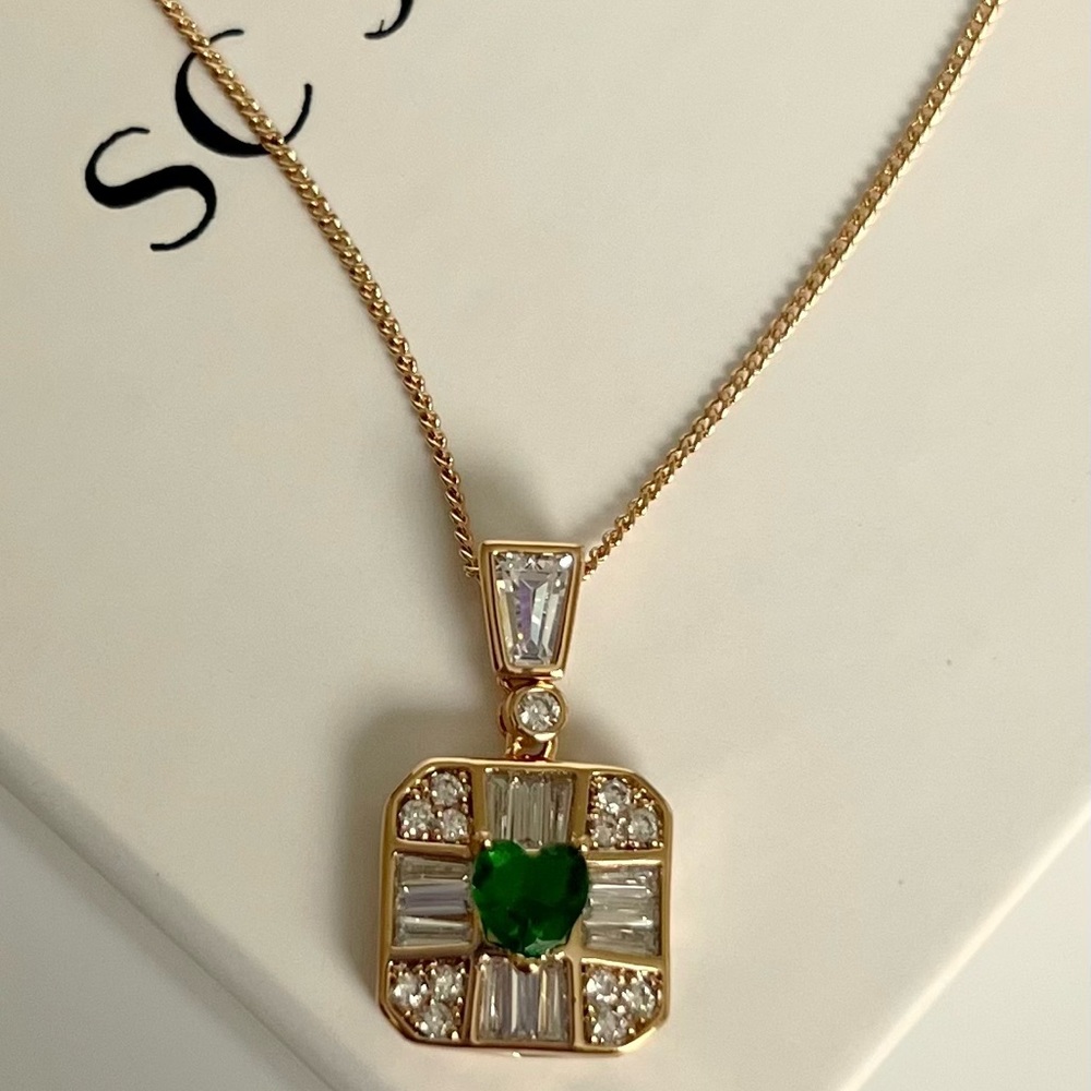 Emerald Heart Necklace Baguette Stone 18k Gold Plated Luxury Jewelry - Picture 2 of 10